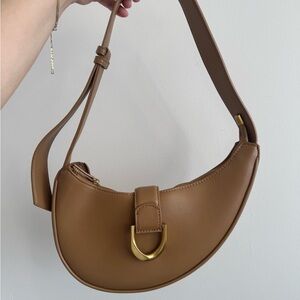 Brown Crescent Shoulder Bag with Gold Accent